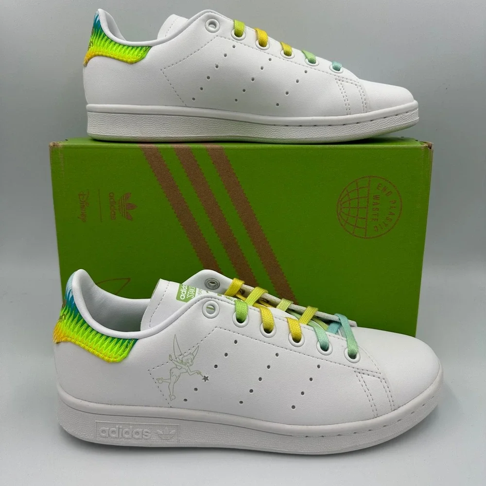 Adidas Stan Smith J FX5998 Kids Disney Tinkerbell White Rainbow Lace Shoes Sz‎ 5